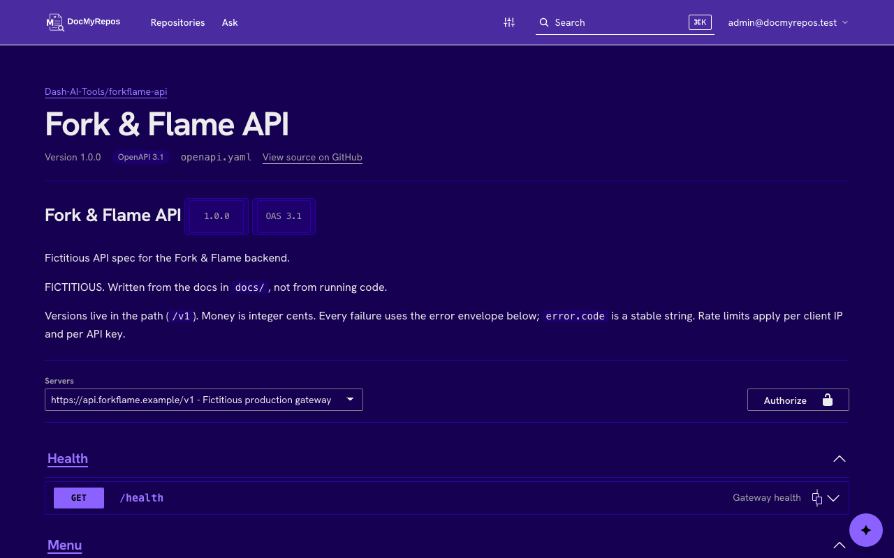 The API reference page of a repository, rendered from its openapi.yaml with servers, tags and operations