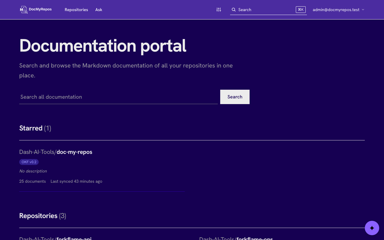 The DocMyRepos home page: a search box and a grid of repository cards