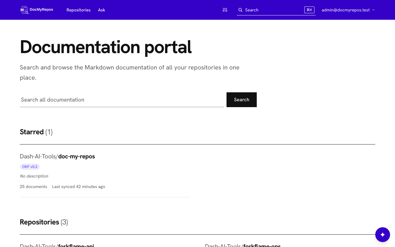 The DocMyRepos home page: a search box and a grid of repository cards
