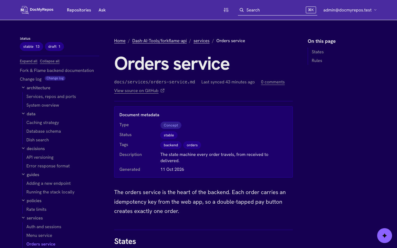 A document page with its OKF metadata card: type, status, tags, sources, dates and other fields