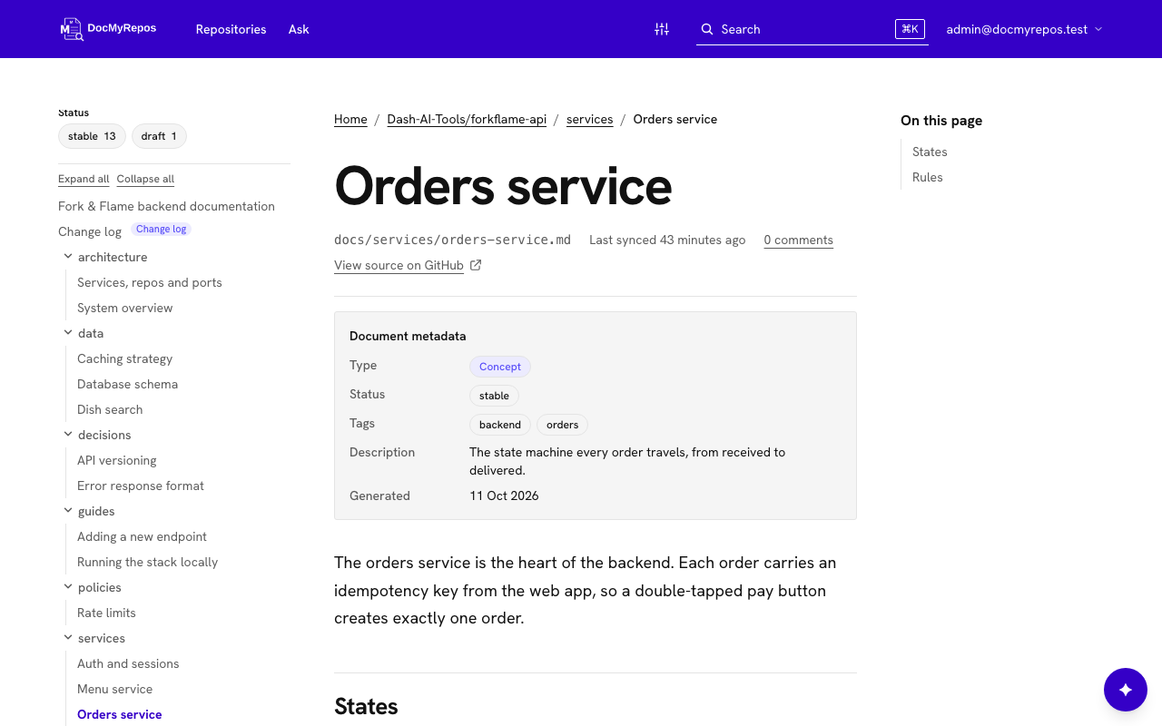 A document page with its OKF metadata card: type, status, tags, sources, dates and other fields