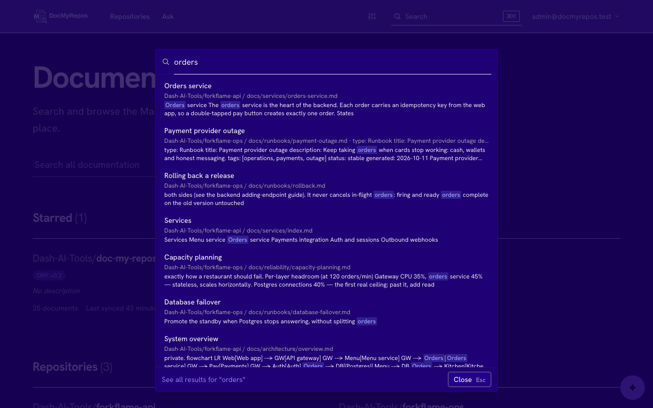 The quick search palette listing documents that match deployment
