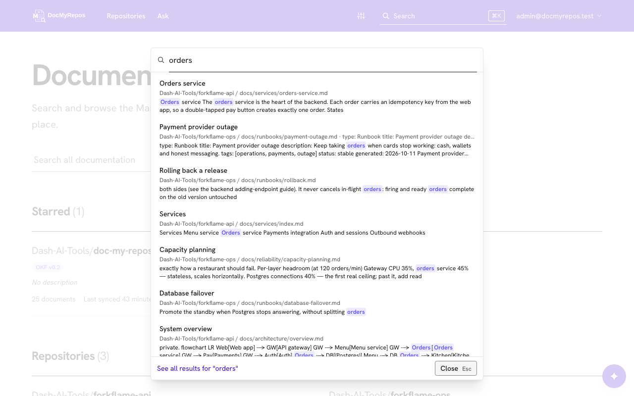 The quick search palette listing documents that match deployment