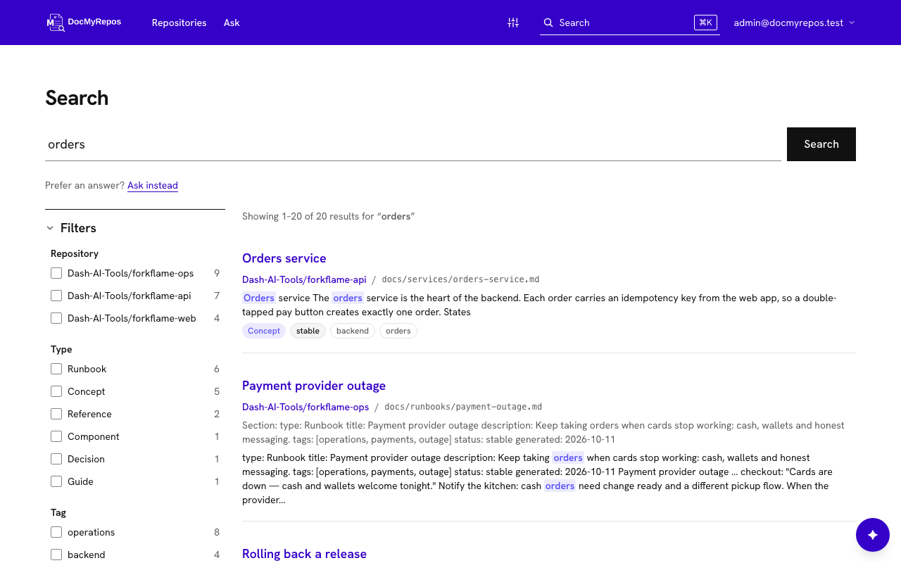 Search results for the word deployment with highlighted snippets and repository, type and tag filters