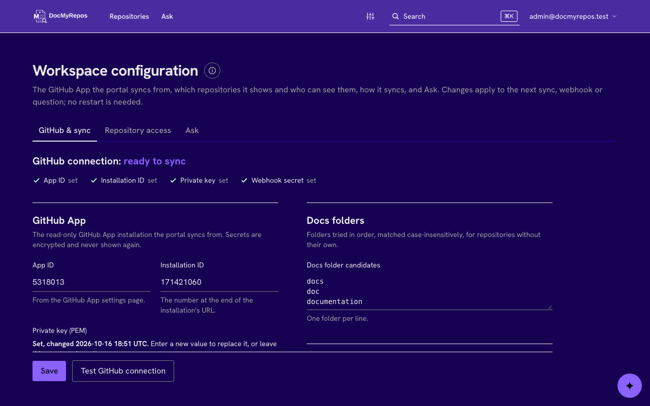 Workspace configuration with the GitHub connection status, the GitHub App fields and the docs folders